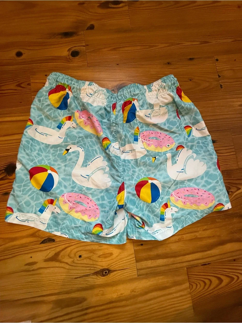 George Light Blue Swim Trunks with Unicorn Swan & Beach Ball Print